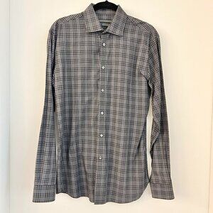 John Varvatos Men's Classic Fit Navy Blue Plaid Button Down Shirt 15.5, 34/35
